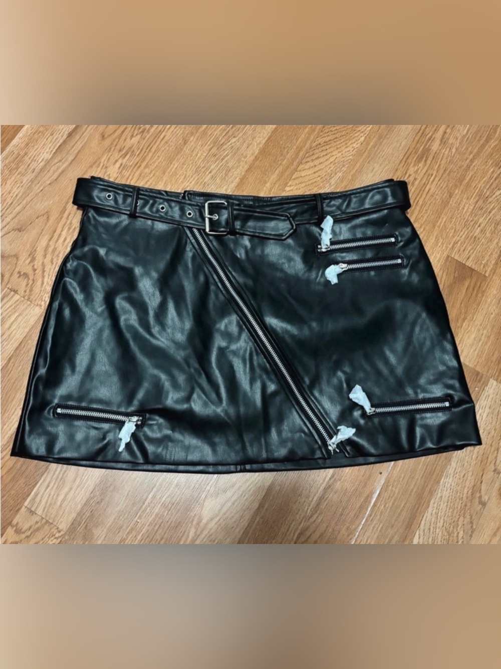 Fashion Nova Black Faux Leather Mini Skirt with Belt & Zippers